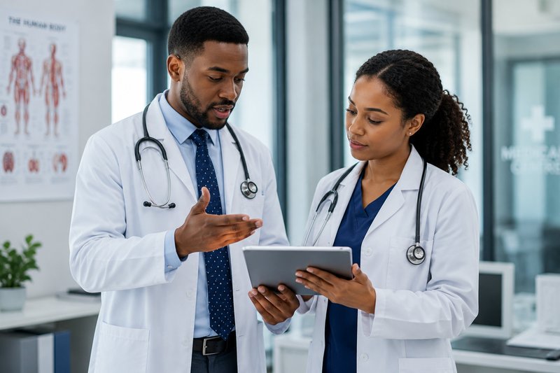 Two clinicians in white coats reviewing patient information together on a tablet