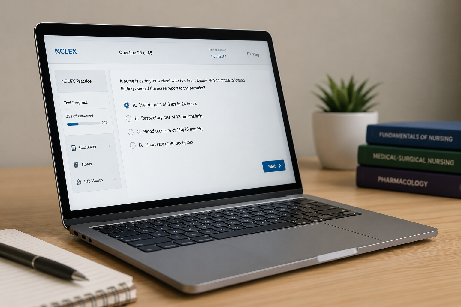 Laptop showing the ExamVital question bank interface with a practice question and image