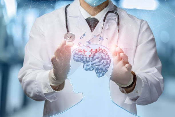 Doctor holding a glowing digital brain hologram