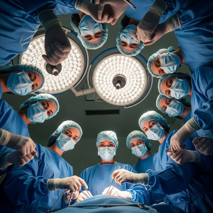 Surgical team gathered under operating lights