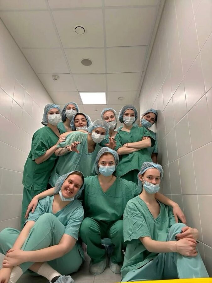 Group of nursing students in scrubs